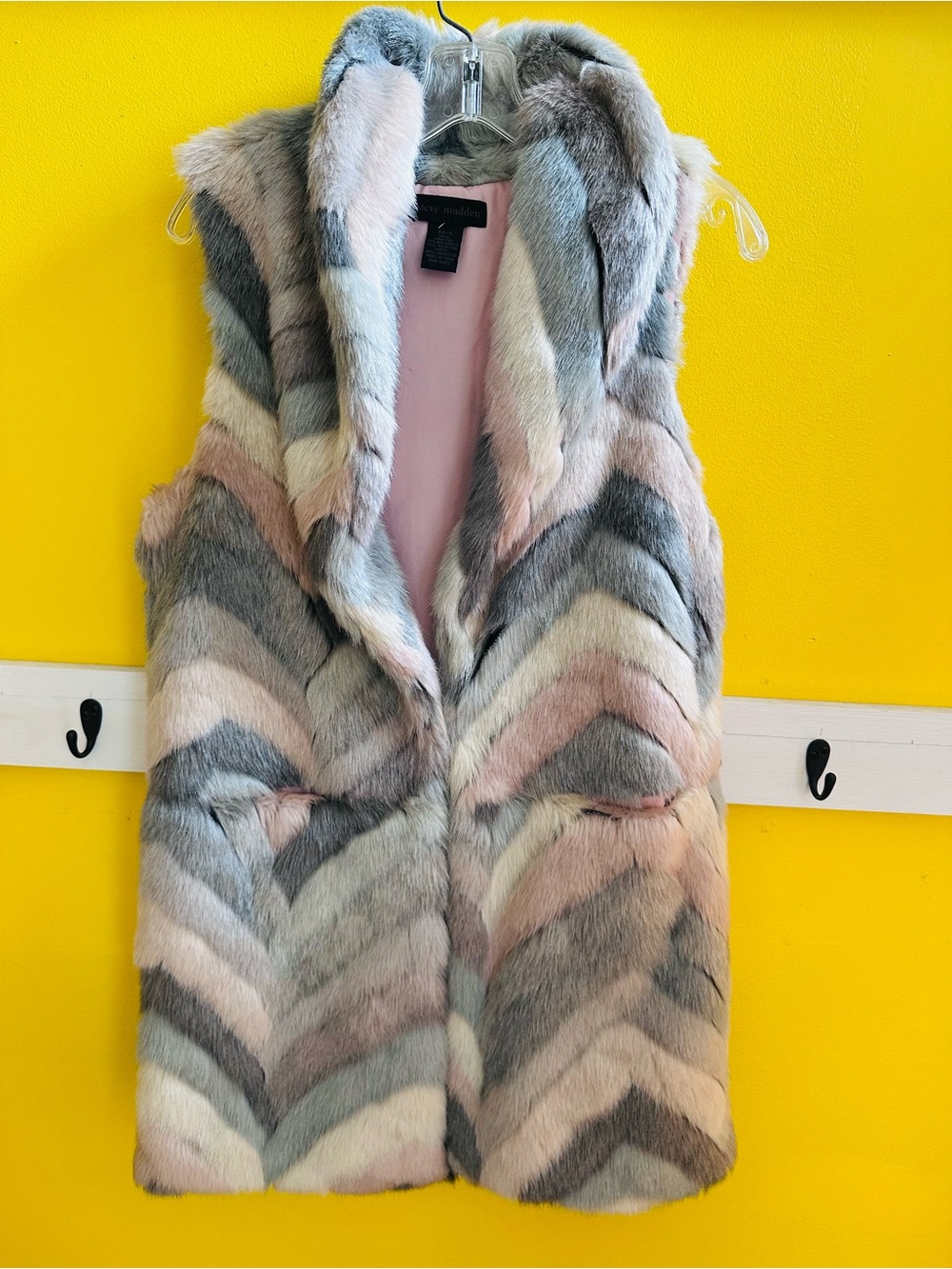 Steve Madden Pastel Faux Fur Jacket in Blush, Gray & Cream